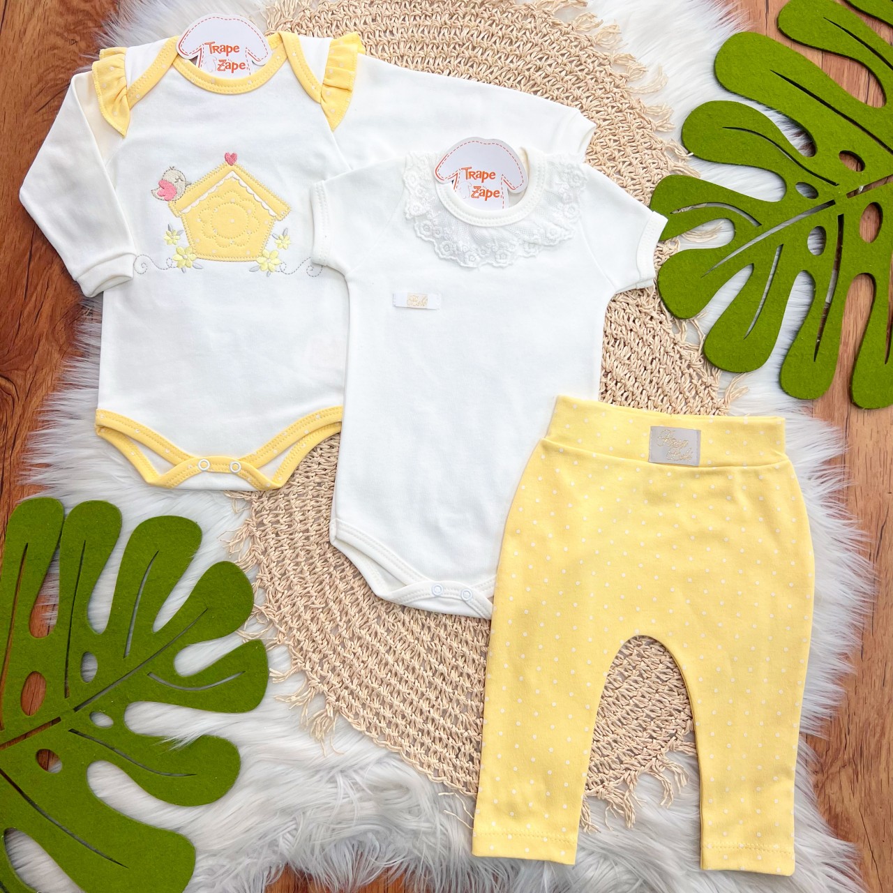 Conj. de Malha 3 peças - Casinha de Passarinho - Amarelo e Off White